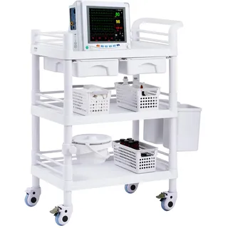 Vevor Laborwagen mit 3 Ebenen, Laborwagen mit 3 Ablagen und 4 leisen Rädern, mobiler medizinischer Wagen aus PP-Material, Laborrollwagen mit 3 Mülleimern für Labor, Klinik, Krankenhaus, Salon, weiß