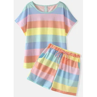LANGX Damen Schlafanzug Set,Erfrischendes Pyjama-Set Für Den Sommer, Bunt Gestreifter Vitalitäts-Pyjama, Kurze Ärmel Und Shorts, Zweiteiliger Pyjama Für Den Alltag Und Schlaf