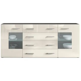 Vladon Sideboard Noah V2 (Kommode mit 2 Türen, 4 Schubladen und 2 flexible Glaseinlegeböden), Schwarz matt/Creme Hochglanz (166 x 72 x 35) gelb