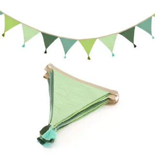 jijAcraft Wimpelkette Kinderzimmer Grün: 2,8 m Stoffgirlande mit Quasten | Doppelseitige Stoff Wimpelkette aus Musselin-Baumwolle, 12 Wimpel à 15 cm für Hausbett, Babyzimmer und Natur-Deko