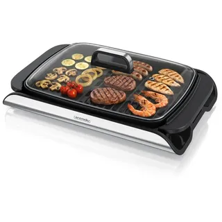 Arendo Tischgrill Elektrogrill, Glasdeckel, Edelstahl, extrastark, Antihaftbeschichtet, 2000 W, stufenlose Temperaturregelung, für Balkon, Garten & Indoor schwarz