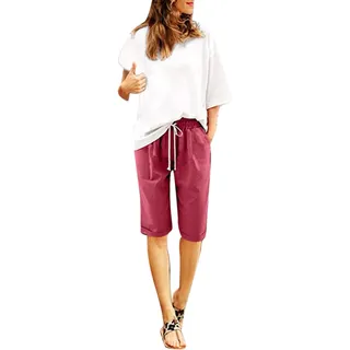 Leinenshorts Damen Boho Knielang mit Tunnelzug Kurze Hose Leinen Bermuda Shorts Sommershorts High Waist Sommer Lose Radlerhose Große Größen Damen-Shorts Sport Biker Strand Yoga Shorts Leinenhose