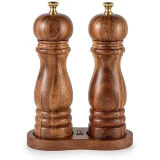 Salz und Pfeffermühle mit Tablett, Akazienholz Holz-Pfeffermühle, 2er-Set Manuelle Salz-Pfefferstreuer-Mühle, Pfeffer und Salzmühle,Keramikmahlwerk, 7 Zoll (Holz)