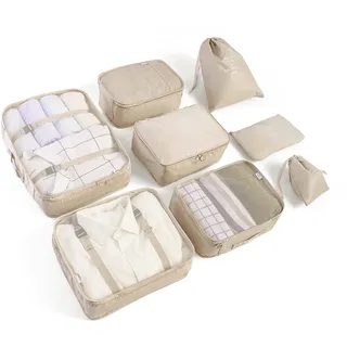 BillyBath Koffer Organizer Set & Packwürfel | Platzsparende Packing Cubes für Kleidung. Perfekter Kofferorganizer mit Netzdesign, leichtes Reise Zubehör, Beige.
