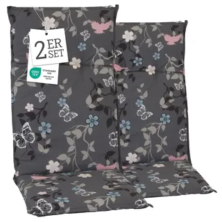 Beo Gartenstuhlauflagen Hochlehner 2er Set UV-beständig Barcelona | Made in EU nach Öko-Tex Standard | Hochlehner Auflagen waschbar | Atmungsaktive Stuhlauflagen Hochlehner mit Vogel-Muster
