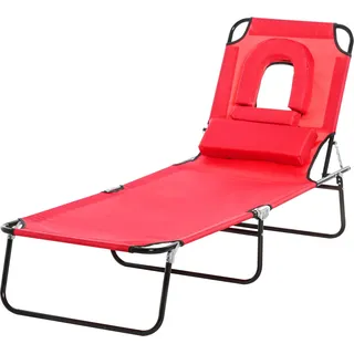 Outsunny Sonnenliege klappbarer Strandliege 4-fach verstellbare Gartenliege mit Leseloch 3 Kissen Rot   Aosom
