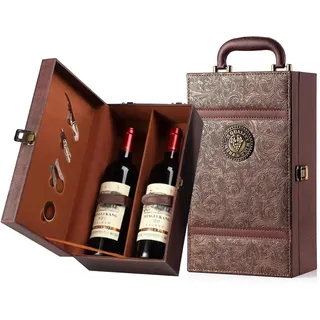 QoTang Weinflasche Box Weinkoffer Geschenkset Sommelier für 2 Flaschen - Weintragekoffer für Hochzeit Jubiläum Party Reisen - 35x20x12 cm