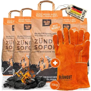 GLÜHGUT BBQ Zubehör Kit – inkl. Hitzebeständiger Leder Grillhandschuhe Premium Eichen-Buchen Grill Holzkohle (15 kg - 5 x 3Kg) | Für Grill, Kamin, Pizzaofen & Outdoor-Küche