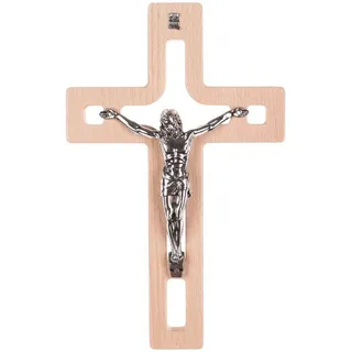 Luda Studio Wanddekoobjekt, Modernes hängendes Holzkreuz mit Passionskreuz 25 x 16 x 1,6 cm beige