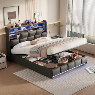 Polsterbett Doppelbett 140x190 cm, Hydraulisches Bett 140x190 mit Bettkasten und Lattenrost, Staufach-Kopfteil mit LED und USB-Ladestation, Boxspringbett Stauraumbett Jugendbett, PU