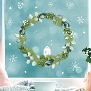 Fensterbild Weihnachten Weihnachtskranz Eukalyptus Deko Winter Schneeflocken Stern Holzoptik Fensteraufkleber Fensterdeko, 3. A2 Bogen