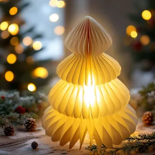 Led Papier Weihnachtsbaum Warm Weiß Beleuchtet Mit Timer - 28 Cm - Dekofigur Tannenbaum Faltbar Mit Beleuchtung Batterie Betrieben