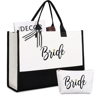 Lamyba Bride Tote Bag with Makeup Bag, Gifts for Engagement/Bridal Shower/Bachelorette/Wedding Party Black and White, schwarz und weiß, Large, Braut