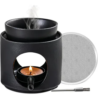 Solinorex Teelicht Duftlampe Schwarz, Keramik Duftöl Lampe 2 in 1, Räucherstövchen mit Seib und Abnehmbare Schale, Duftstövchen, Aromalampe für Ätherische Öle für Duftwachs und Duftöl, Matt Schwarz