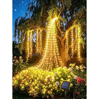 Dekofun Solar Lichterschweif 2M 200 LED Lichterbündel mit Timer, 8 Modi Wasserfall Lichterkette IP65 Wasserdicht Lichterstrang für Gießkanne Pflanzen Tisch Terrasse Wand Garten Zelt Balkon Außen Deko