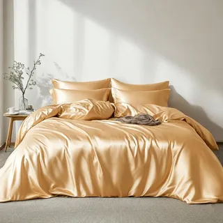 Lanqinglv Satin Bettwäsche Set 135x200 cm 4 Teilig Gold Seide Glatt Glanzsatin Luxus Sommerbettwäsche Set Satin Polyester Uni 2 Bettbezug mit Reißverschluss und 2 Kissenbezug 80x80cm