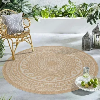 Carpetsale24 Runder Outdoor Teppich Beige Wetterfest Terrasse Balkon Küchenteppich, Beige-2, 120 cm Rund