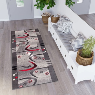 TAPISO Dream Läufer Teppich Meterware Flur Brücke Modern Streifen Bumerang Grau Rot Schwarz Schlafzimmer Wohnzimmer ÖKOTEX 140 x 140 cm