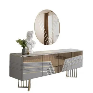 Xlmoebel Sideboard Elegantes Silber Sideboard mit Rundspiegel und LED-Beleuchtung (Sideboard mit Spiegel, 2 St., Sideboard / Spiegel), Hergestellt in Europa silberfarben