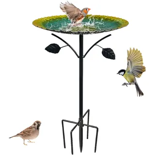 Vogeltränke Stehend, 85cm Vintage Metall Vogeltränke Winterfest, Vogelbad für Draußen Garten, 5-Zinken-Basis, Gartenstecker Vogeltränke Garten Frostsicher, Wassertränke für Vögel (Grün Schwarz)