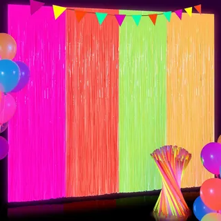 Neon Party Deko Schwarzlicht Party Deko 4 Stück 200cm Lametta Vorhang Neon 80er 90er Party Dekos für Neon Party Dekorationen Fasching De-ko Silvester Dekoration
