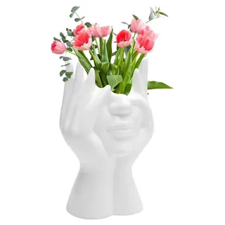 Omgoods - Keramikvase, 19 x 9 cm - Tulpenvase - Blumentopf mit Gesicht - Ästhetische Dekoration - Modern - Weiße Vase
