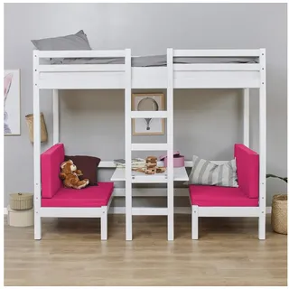 Hoppekids Hochbett ECO Dream, Kinderbett mit Funktion - Praktisch & flexibel, 90x200 Unteres Bett nutzbar als Bett oder Sitzgruppe. Matrazenbezug: PINK weiß