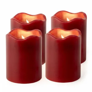LED Kerze 4er Set rot mit Timer batteriebetrieben - 9 x 7 cm | Künstliche Wachs Stumpenkerze warmweiß mit Flacker Effekt für Innen - Laterne Hochzeit Weihnachten Advent Deko Beleuchtung