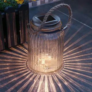 MARELIDA LED Solar Windlicht Glas geriffelt H: 15cm Juteseil transparent