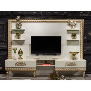 Casa Padrino Luxus Barock TV Schrank Weiß / Gold - Prunkvolles Wohnzimmer Sideboard mit Rückwand - Barock Wohnzimmer Möbel
