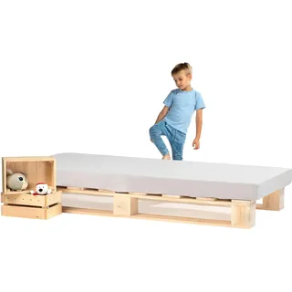 Lermowood Palettenbett M1 aus Holz 120 x 200 cm Natur mit Lattenrost Holzbett 20cm Stabiles Seniorenbett Kinderbett Jugendbett Gästebett erhöhtes Einzelbett Bettgestell Futonbett Komforthöhe Naturholz