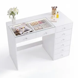 vanitii global Vanitii Schminktisch mit Beleuchtung LED 8 Schubladen Weiβ Holzwerkstoff, Mode, Rechteckig,Rechteckig, 55x81x120 cm, Wohnzimmer, Wohnzimmertische, Konsolentische