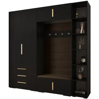 Abiks Möbel Garderoben-Set, Schwarz, Braun, Gold, Holz, Nachbildung, 2-Sitzer, 13 Fächer, 240x236.7x47 cm, Garderobe, Garderoben-Sets & Serien, Garderoben-Sets