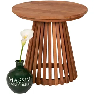 MR. DEKO Beistelltisch Garten Bolton Teakholz 50x50x50 cm | Massivholz Garten-Tisch Wetterfest | Terrassentisch Holz-Beistelltisch Unbehandelt | Outdoor-Ablage rund | Outdoor-Beisteller Teak-Möbel