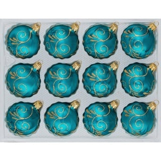 Navidacio Weihnachtsbaumkugel 12tlg. Glas-Weihnachtskugel Set "Ice Petrol-Türkis Goldene Ornamente"