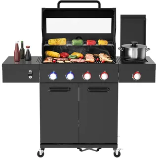 El Fuego® Gasgrill "KINGSTON NOCTURNE" | 4 + 1 Brenner | Infrarotbrenner | inkl. 2 Hochleistungsbrenner | LED-Beleuchtung | mit Sichtfenster | Brenner Edelstahl | mit Abdeckhaube | AY 5051 (Schwarz)