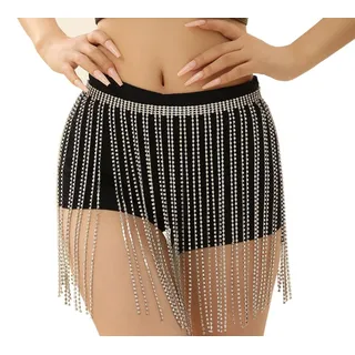 Fransenrock mit Strasssteinen, Quasten, Fransen, Hüftschal, Rave-Gürtel, Outfit für Damen - 2-18