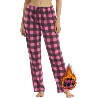 YUSHOW Schlafanzughose Damen Lang Fleece Karierte Pyjamahose Winter Weich Nachtwäsche Pyjama Hose Soft Freizeithose Weihnachts Pyjama mit Kordelzug - M