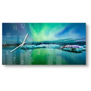 DEQORI Wanduhr 'Leuchtendes Polarlicht' (Glas Glasuhr modern Wand Uhr Design Küchenuhr) blau|grün 60 cm x 30 cm