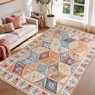 Calinline Bunt Großer Kurzflor Waschbarer Schlafzimmer Teppich, 200x230 cm | Vintage Teppich Wohnzimmer, Rutschfester Perserteppich Teppiche, Wohnzimmerteppich für Esszimmer Büro Küche Läufer