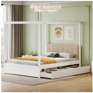 HAUSS SPOLE Himmelbett 140x200cm Himmelbett mit Schubladen und Rückenlehne, Holz, weiß (mit großen Schubladen und weicher Rückenlehne, Holz, 140x200 cm), ohne Matratze weiß