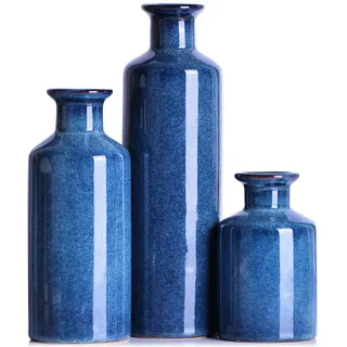 Dunkelblaue Keramikvase für Heimdekoration, Blaue Vasen, Set mit 3 kleinen Vasen, dekorative Vasen für Tisch, Kamindekoration, Bücherregal, Wohnzimmer, dekorative Note für jeden Raum, rustikale