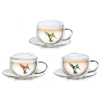 Creano 3er-Set Thermo-Tasses "Hummi" für Tee/Latte Macchiato, doppelwandig, mit Kolibri-Muster | 250ml in exklusiver Geschenkpackung