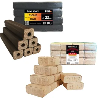 PINI Hartholzbriketts Set RUF 10 kg Briketts 100% Buche Kay 10 kg Holzbriketts 33 cm 100% Eiche für Kamin Ofen Grill