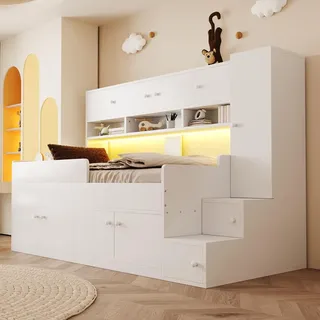 STILVORA Kinderbett 90x200cm mit Stauraum, Kleiderschrank und Ablagefächern, Bettgestell mit Sicherheitsgeländer und LED-Beleuchtung, Hochbett mi... - Weiß