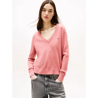 V-Ausschnitt-Pullover TOMMY JEANS "TJW ESSENTIAL VNECK SWEATER EXT", Damen, Gr. XL (42), tahiti berry, Strick, Obermaterial: 100% Baumwolle, unifarben, normal normal, V-Ausschnitt, Rippstrickbündchen, Pullover, mit Logostickerei