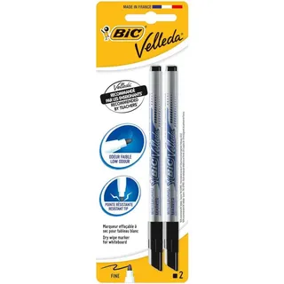 BIC Velleda Whiteboard-Stifte, trocken abwischbare Marker in schwarz, geruchsarm und mit widerstandsfähiger, dünner Spitze, 2 Stück