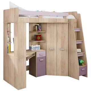 Hochbett mit Schreibtisch, Schrank und Regalen - Platzsparendes Jugendbett - Komplettes Möbelset (120x204 cm) Kinderbett 80x200 cm mit Stauraum - Treppe Rechten Seite (Eiche Sonoma/Lavendel/Violett)