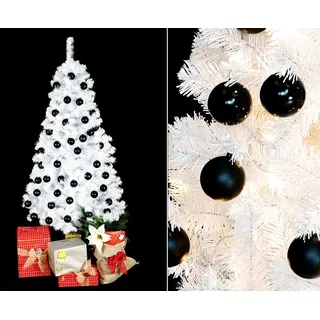 Fertig geschmückter Weihnachtsbaum weiß mit schwarzen Kugeln 180cm und 192 LEDs