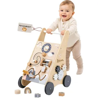Personalisierter Lauflernwagen aus Holz mit Name – Sicherer Baby Schiebewagen für erste Schritte – Lauflernhilfe mit Bremse & Motorikspiel – Geschenk zum 1. Geburtstag für Mädchen & Jungen
